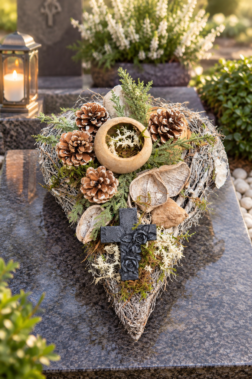 Grabgesteck in Herzform mit dunklem Rosenkreuz, Zapfen und grünen Zweigen, 30 × 26 cm