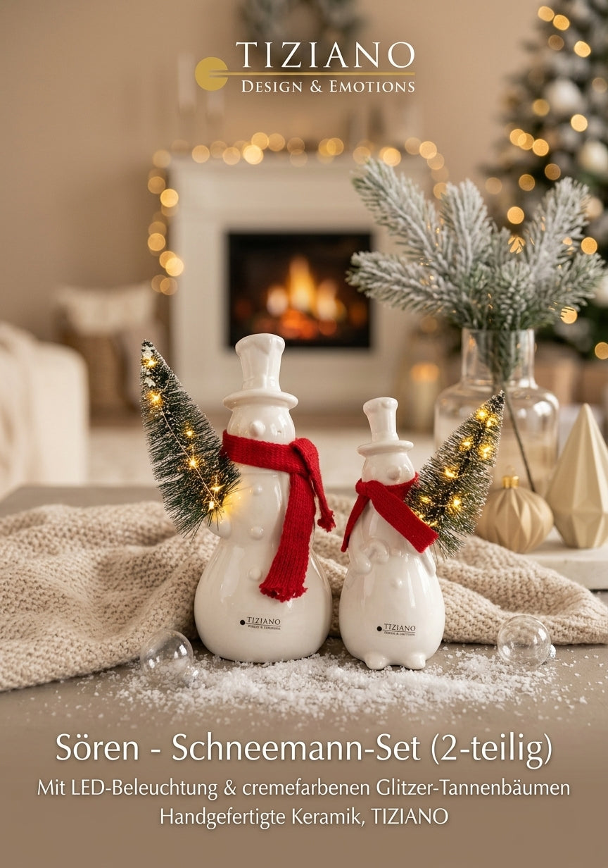 Tiziano Schneemann Sören mit rotem Schal und LED-Tannenbaum in zwei Größen, einzeln erhältlich