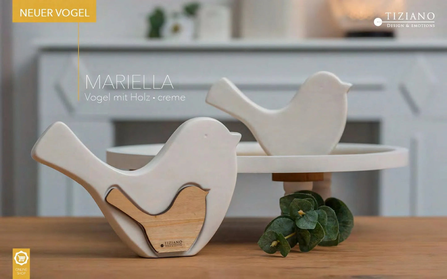 Tiziano Vogel Mariella mit Holz creme - weis - Lillyano