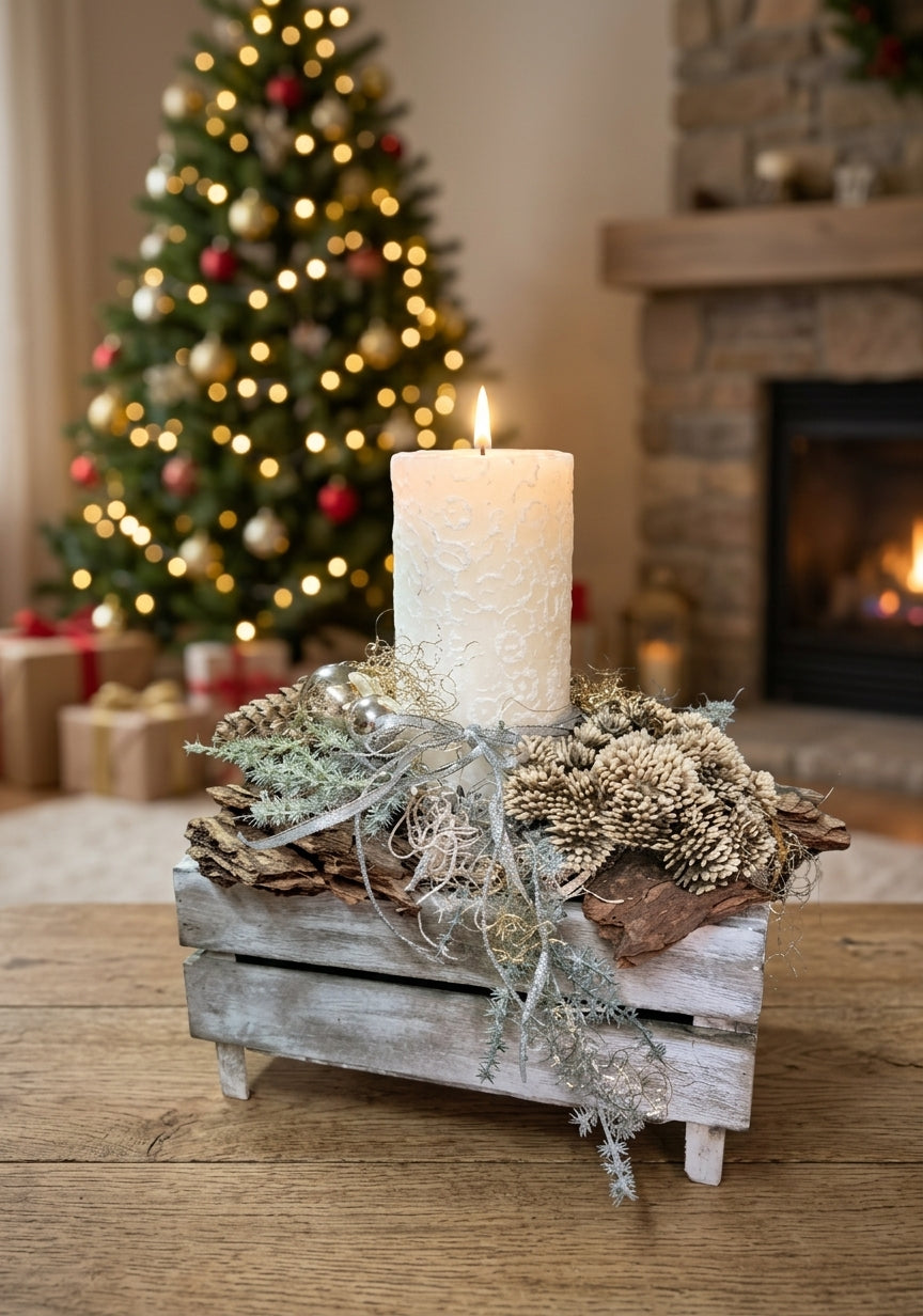 Adventsgesteck Holzkiste mit Kerze – fertig weihnachtlich dekoriert, 26x30 cm