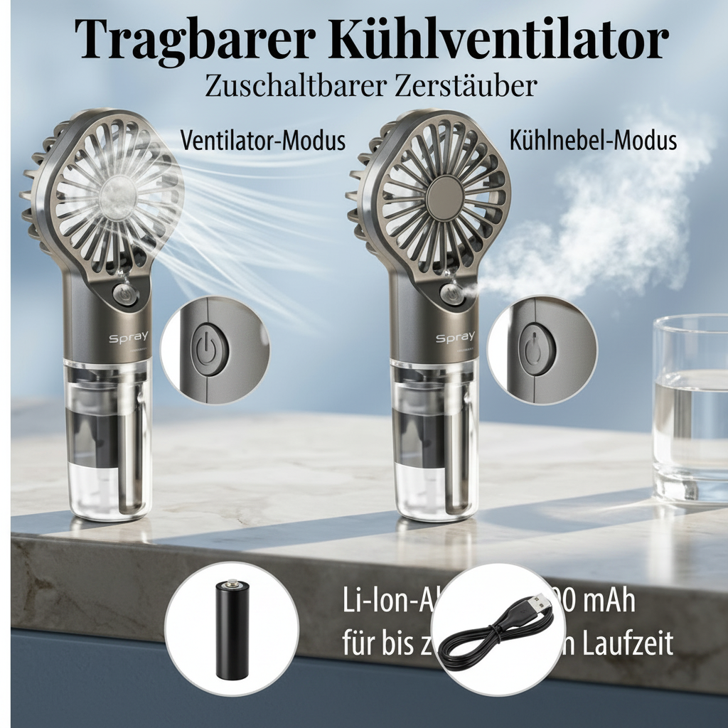 Akku-Taschenventilator mit Nebelsprühfunktion – 20 ml Wassertank, 4 Stufen | NEUWARE