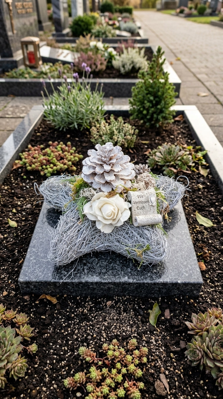 Grabgesteck Stern fertig dekoriert mit Zapfen und Rosenblüte 30x30 cm