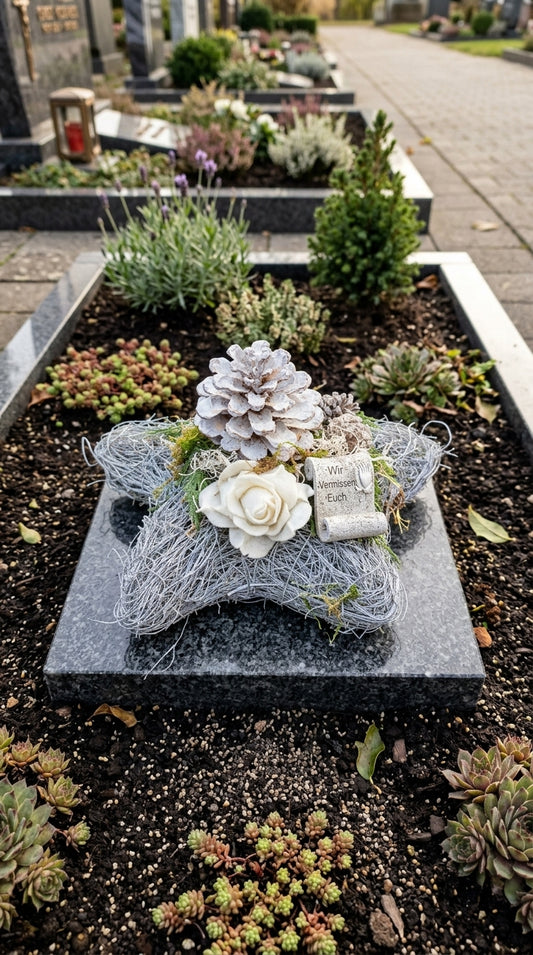 Grabgesteck Stern fertig dekoriert mit Zapfen und Rosenblüte 30x30 cm