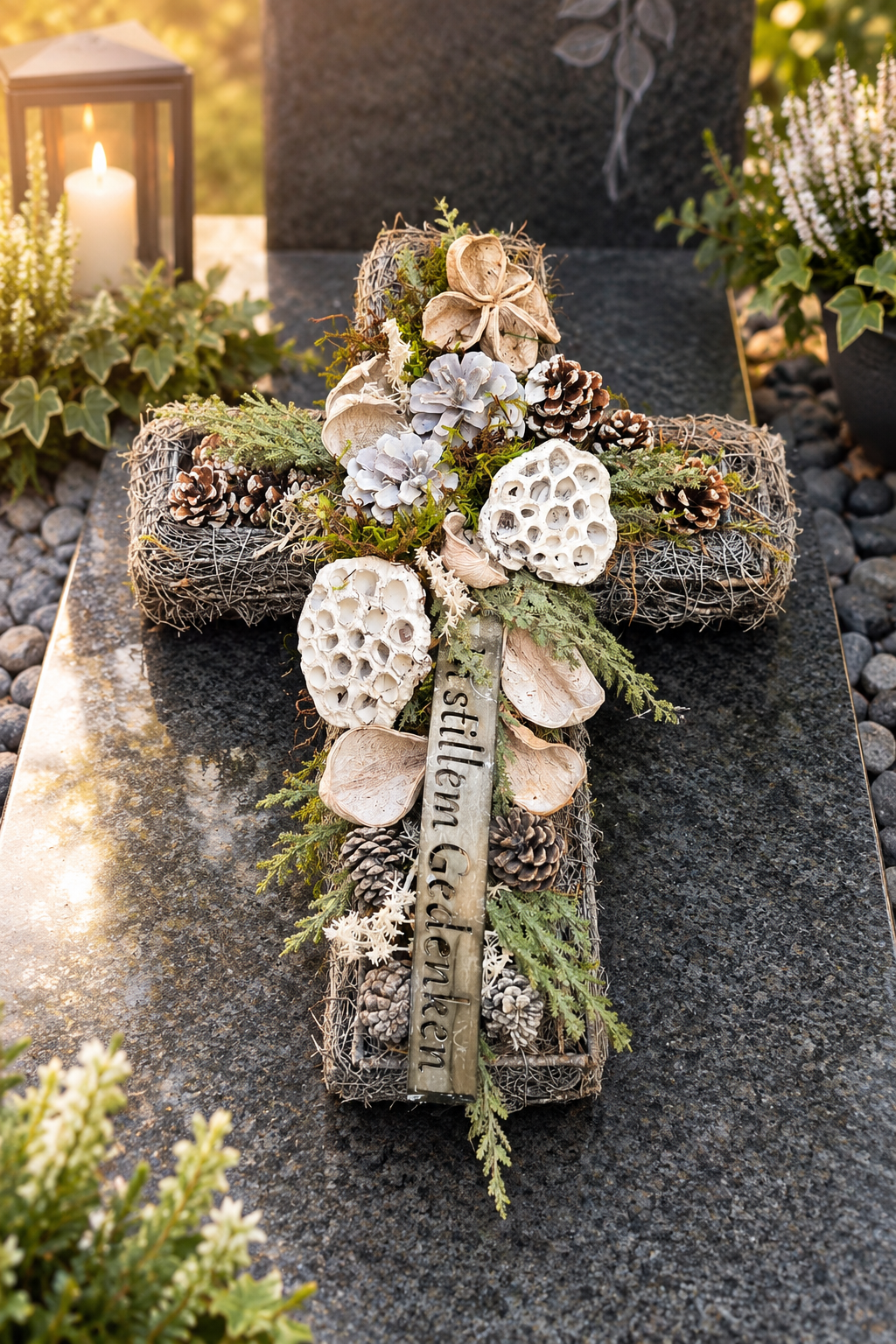 Grabgesteck in Kreuzform mit Zapfen, grünen Zweigen und Schriftband In stillem Gedenken, 50 × 36 cm