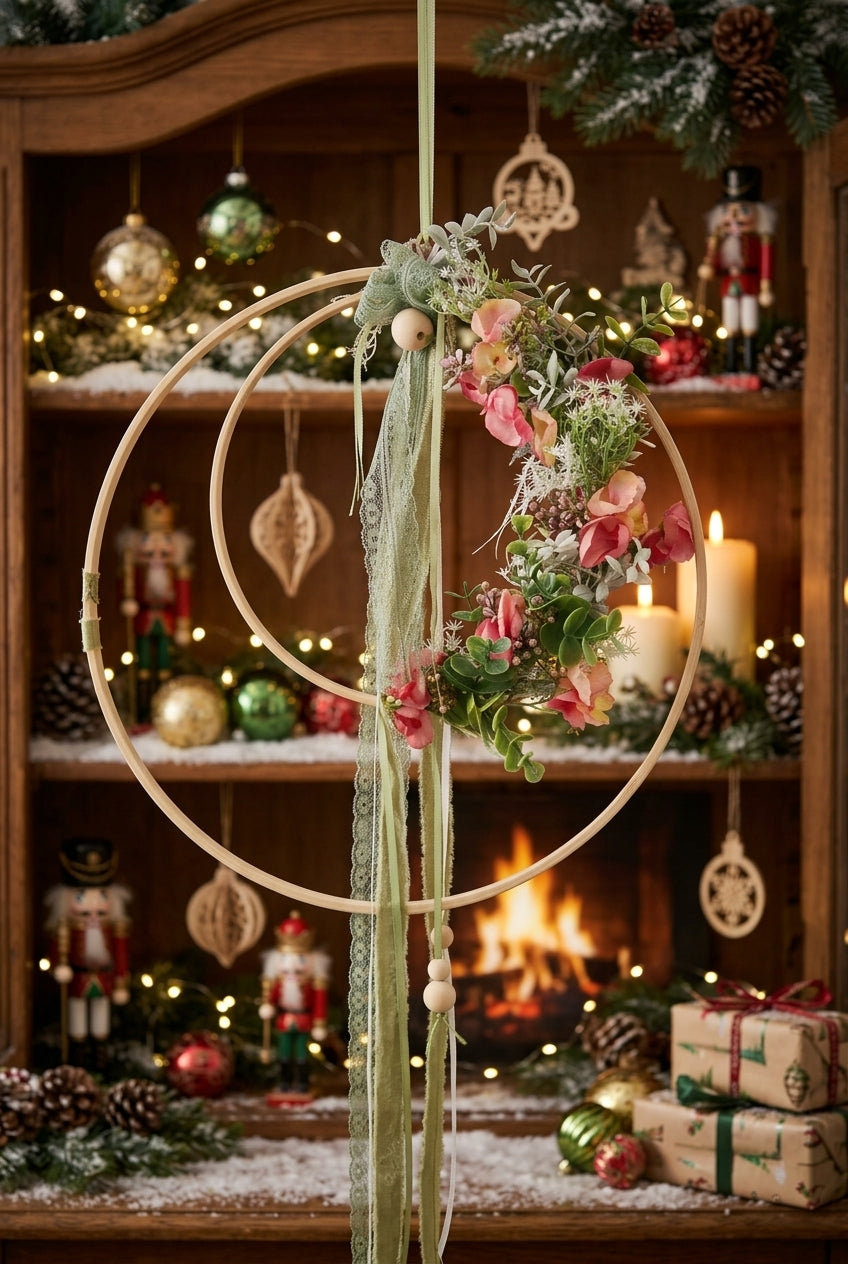 HĂ€nger kĂŒnstliche Blumen 32cm Boho â Wanddeko Fensterdeko Holzring