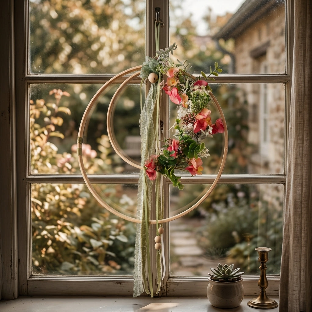 Hänger künstliche Blumen 32cm Boho – Wanddeko Fensterdeko Holzring