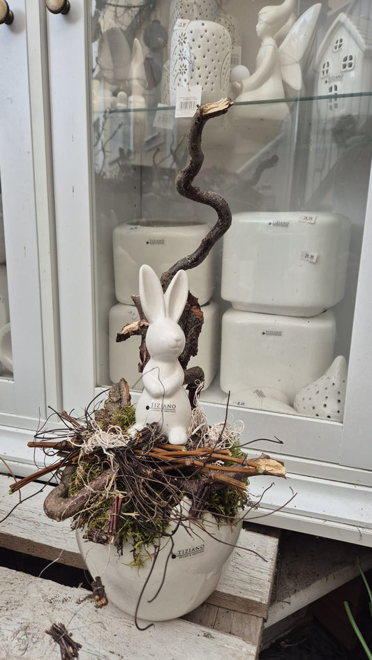 Tiziano Gesteck Hase auf Kübel  EI 45 cm hoch