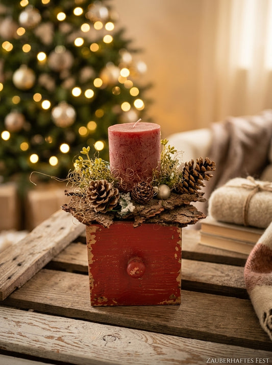 Adventsgesteck mit Holzkiste und Kerze
