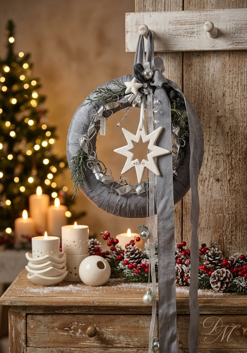 Tiziano Kranz mit Diamante Stern – fertig weihnachtlich dekoriert, 30x80 cm, grau-silber
