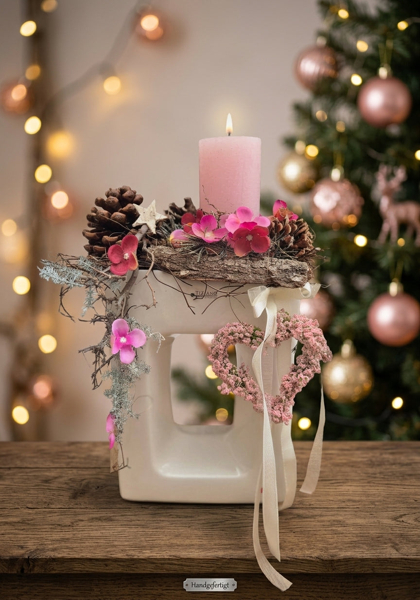 Tiziano Kübel Quadro LED weiß mit rosa Kerze handgefertigt 46cm Weihnachtsdeko