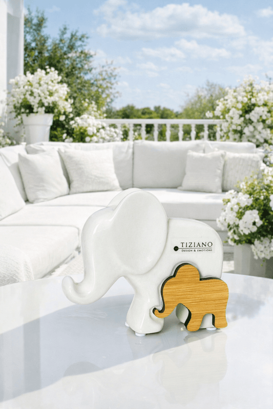 Tiziano Deko Elefant Leon mit Holz creme - weiß - Lillyano