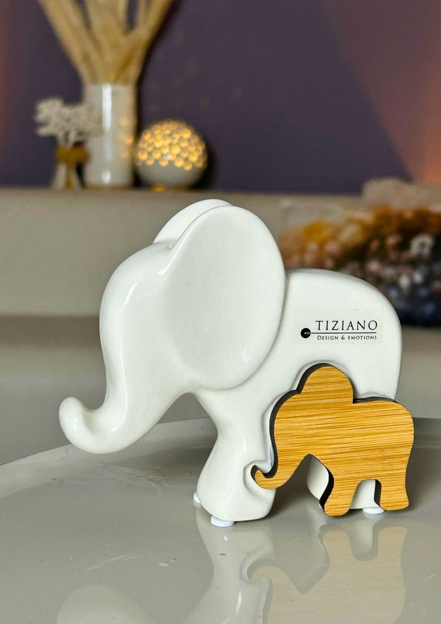 Tiziano Deko Elefant Leon mit Holz creme - weiß - Lillyano