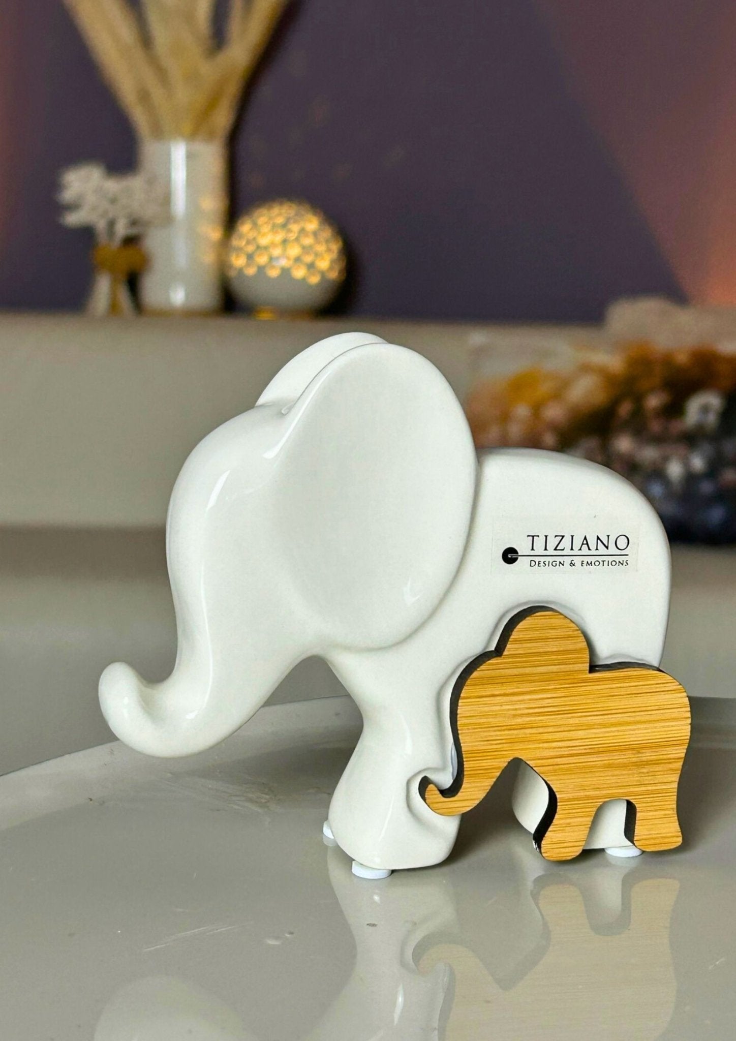 Tiziano Deko Elefant Leon mit Holz creme - weiß - Lillyano