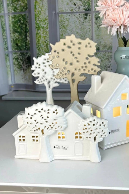 Tiziano Doppelhaus Civorio LED mit Baum Vita creme - weiß Timer - Lillyano