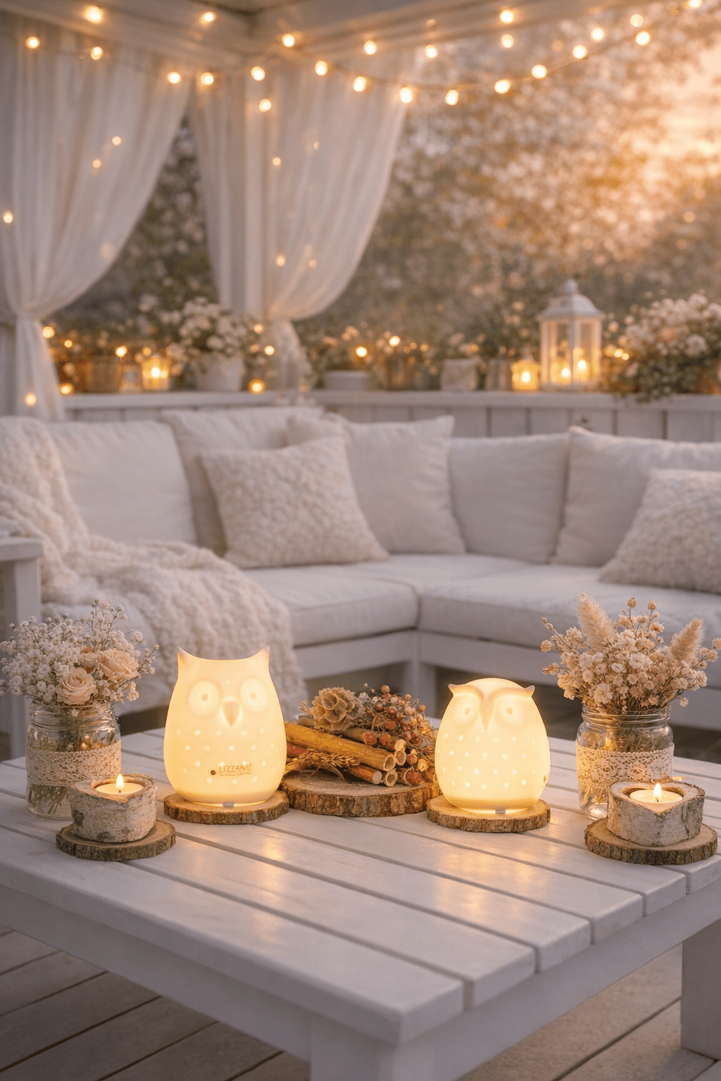 Tiziano Eule Aria led + Timer Porzellan weiß creme - Lillyano