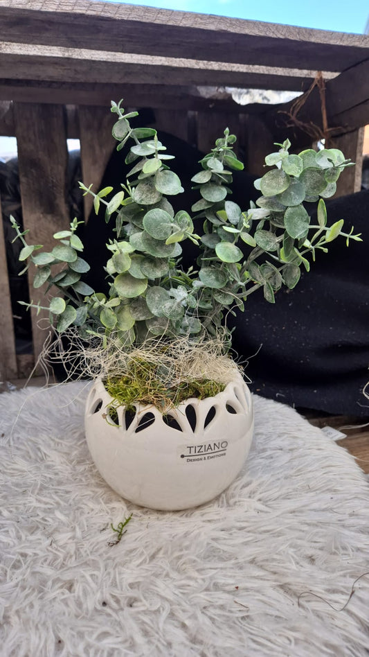 Tiziano Gesteck Kübel mit Blume fertig dekoriert Eykalyptus - Lillyano