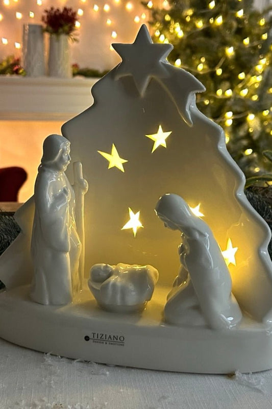 Tiziano Krippe Santo Natale LED 23cm creme - weiß LED mit Timer - Lillyano