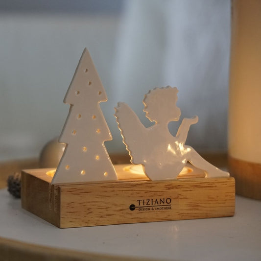 Tiziano Lichtobjekt Sandane mit Engel creme - weiß auf Holzbase - Lillyano