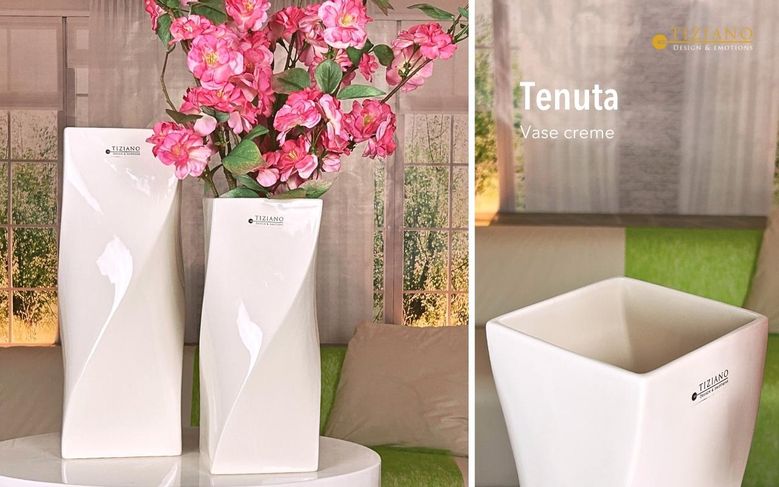 Tiziano Vase Tenuta eckig weiß-creme 30 cm – Moderne Keramikvase
