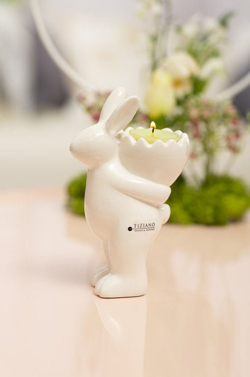 Tiziano Hase Gavino mit Teelichthalter hinten 15cm weiß - creme - Lillyano