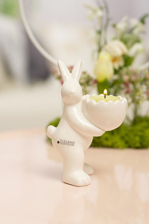 Tiziano Hase Gavino mit Teelichthalter vorne 15cm weiß - creme - Lillyano