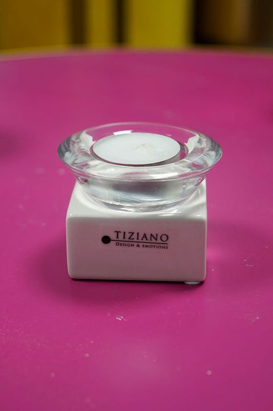 Tiziano Tischlicht Trixy weiß - creme mit Klar Glas - Lillyano