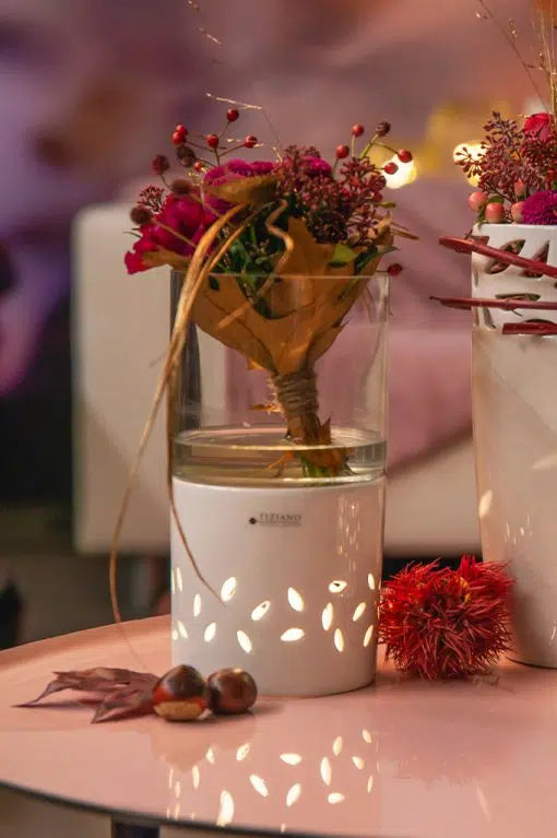 Tiziano Windlicht Villari LED hoch weiß-creme und Timer
