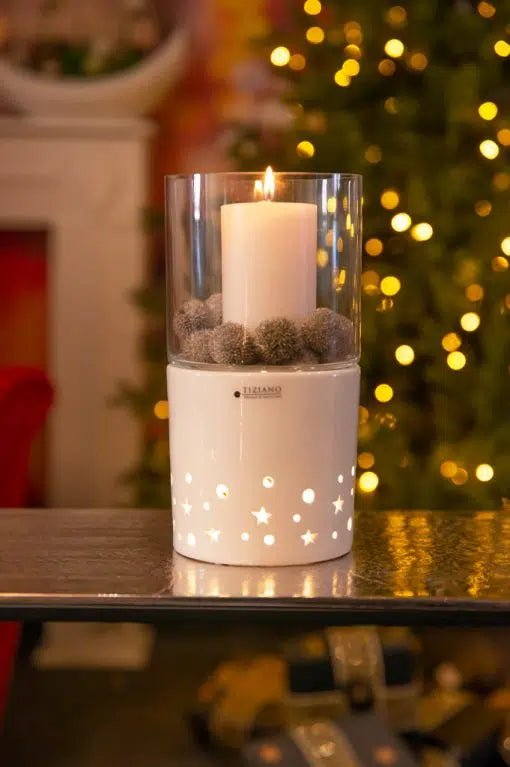 Windlicht Stellata LED hoch weiß - creme mit Klarglas timer - Lillyano