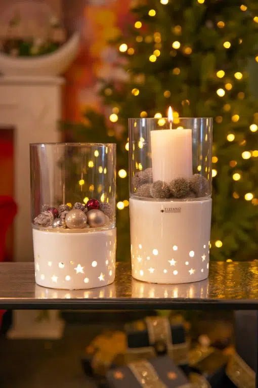 Windlicht Stellata LED hoch weiß - creme mit Klarglas timer - Lillyano